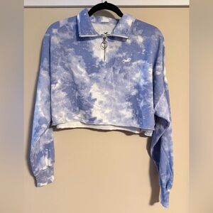 Hollister Blue Tie-Dye Cropped Top Quarter Zip SMALL